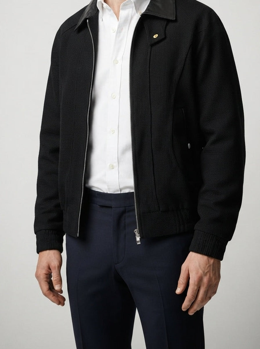 Men's Autumn Ribbed Bomber Jacket with Leather Collar