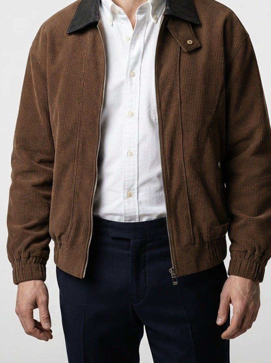 Men's Autumn Ribbed Bomber Jacket with Leather Collar