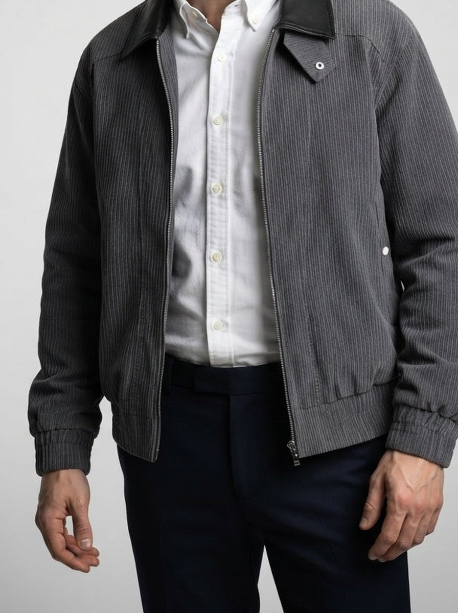 Men's Autumn Ribbed Bomber Jacket with Leather Collar