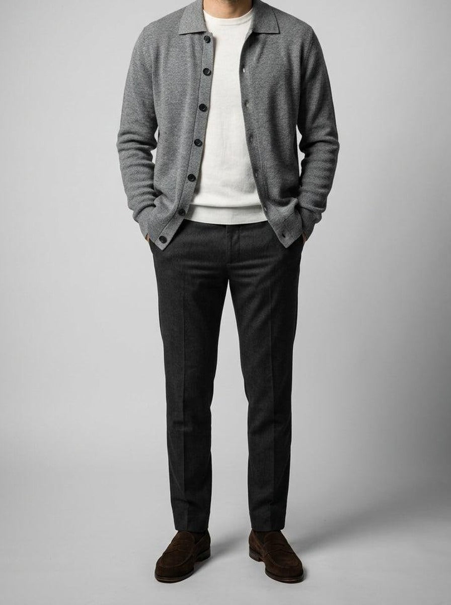 Men's Autumn Ribbed Collared Cardigan with Button Front