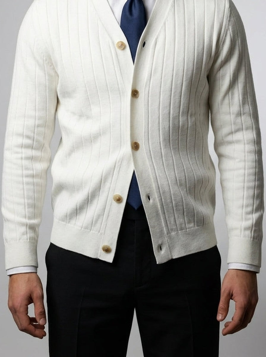 Men's Autumn Ribbed Knit Cardigan with Button Front and V-Neck