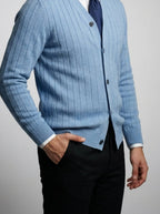 Men's Autumn Ribbed Knit Cardigan with Button Front and V-Neck