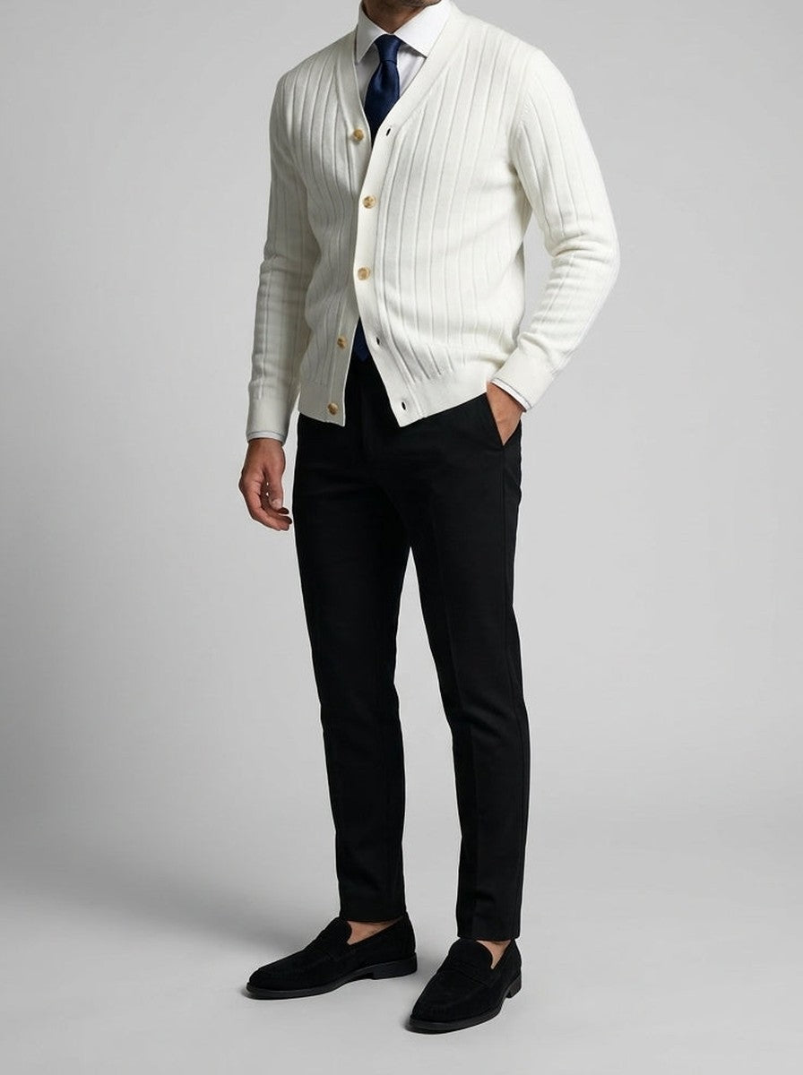 Men's Autumn Ribbed Knit Cardigan with Button Front and V-Neck