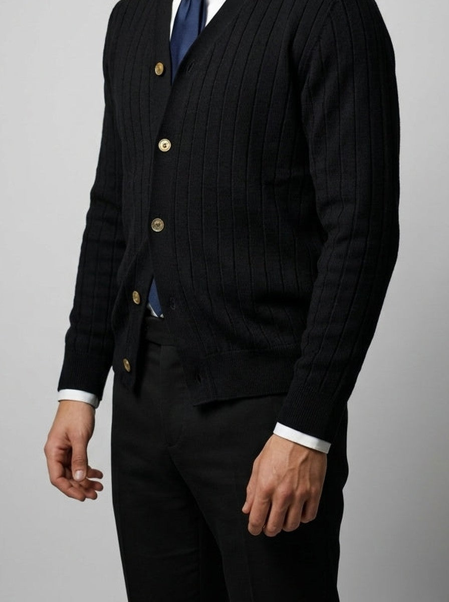Men's Autumn Ribbed Knit Cardigan with Button Front and V-Neck