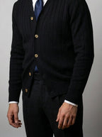 Men's Autumn Ribbed Knit Cardigan with Button Front and V-Neck