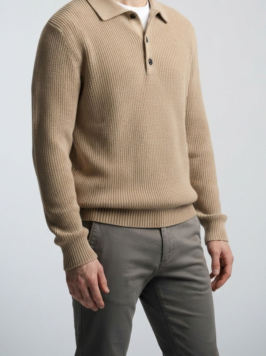 Men's Autumn Ribbed Knit Long Sleeve Polo Jumper