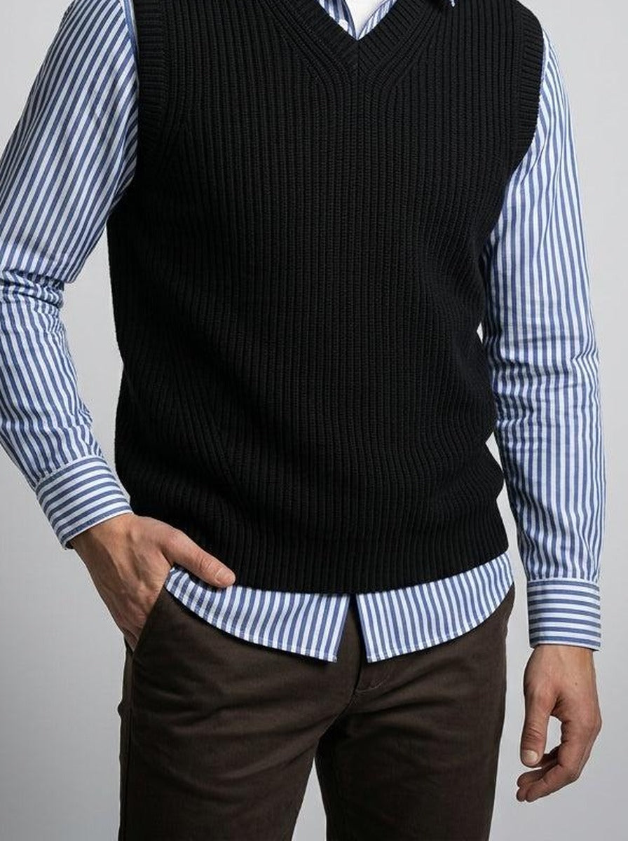Men's Autumn Ribbed Knit Sleeveless Jumper Vest with V-Neck