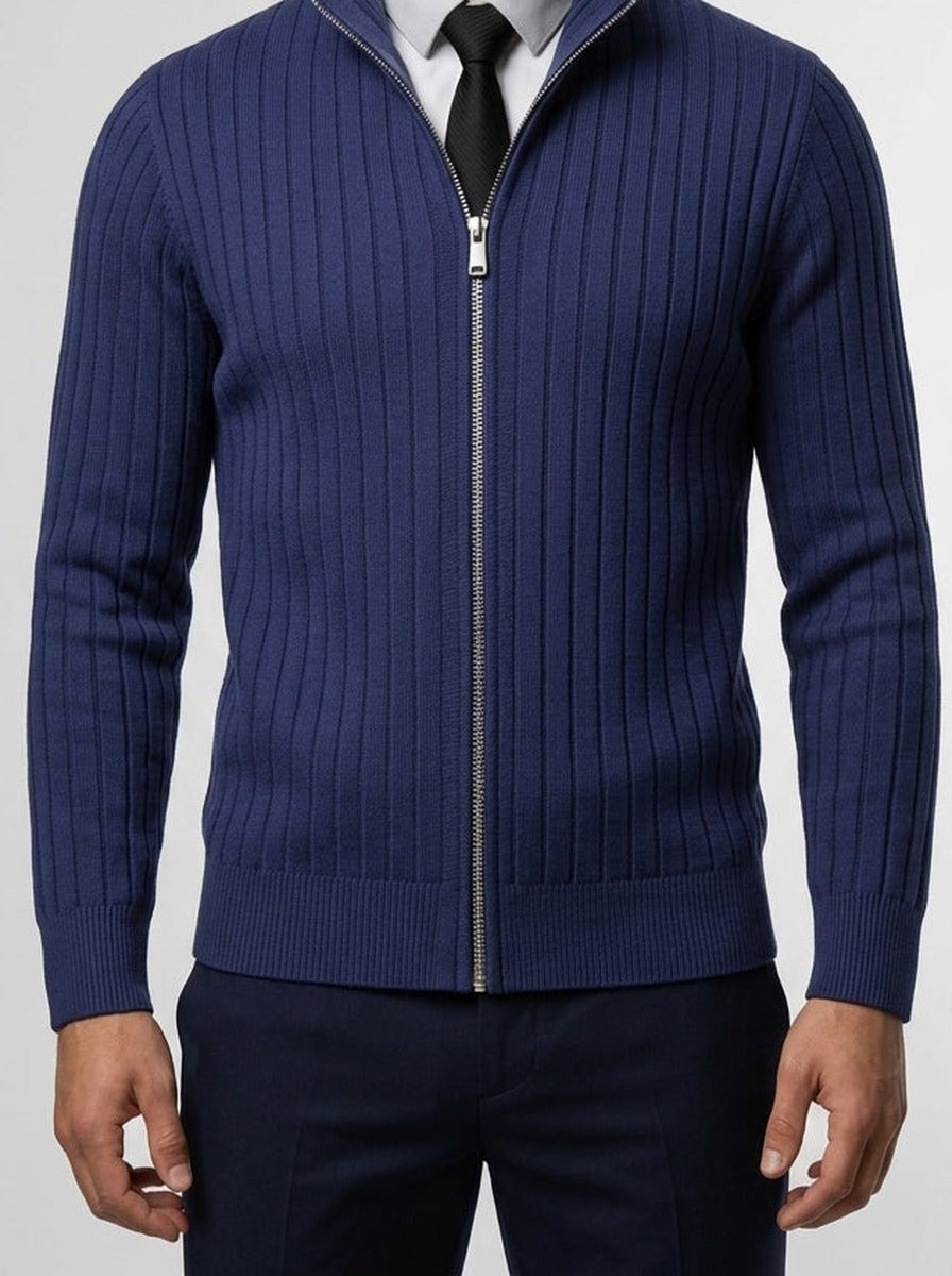 Men's Autumn Ribbed Knit Zip Cardigan with Funnel Neck