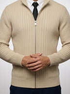 Men's Autumn Ribbed Knit Zip Cardigan with Funnel Neck