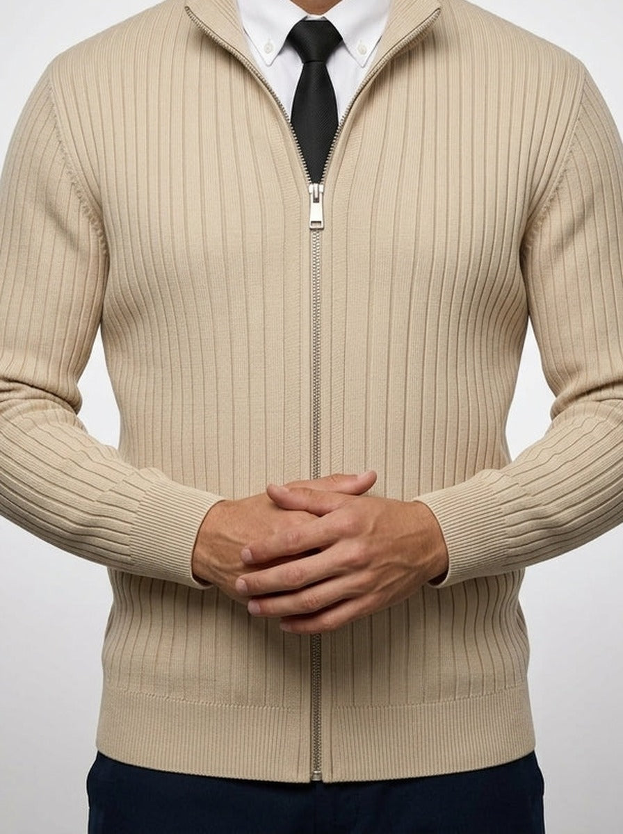 Men's Autumn Ribbed Knit Zip Cardigan with Funnel Neck