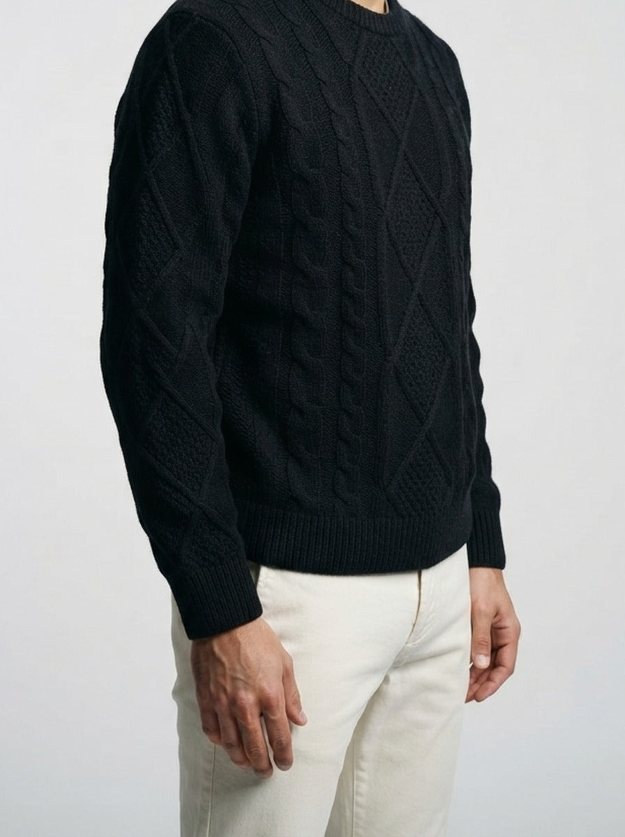Men's Autumn Rope Cable Knit Jumper with Diamond Panel Front