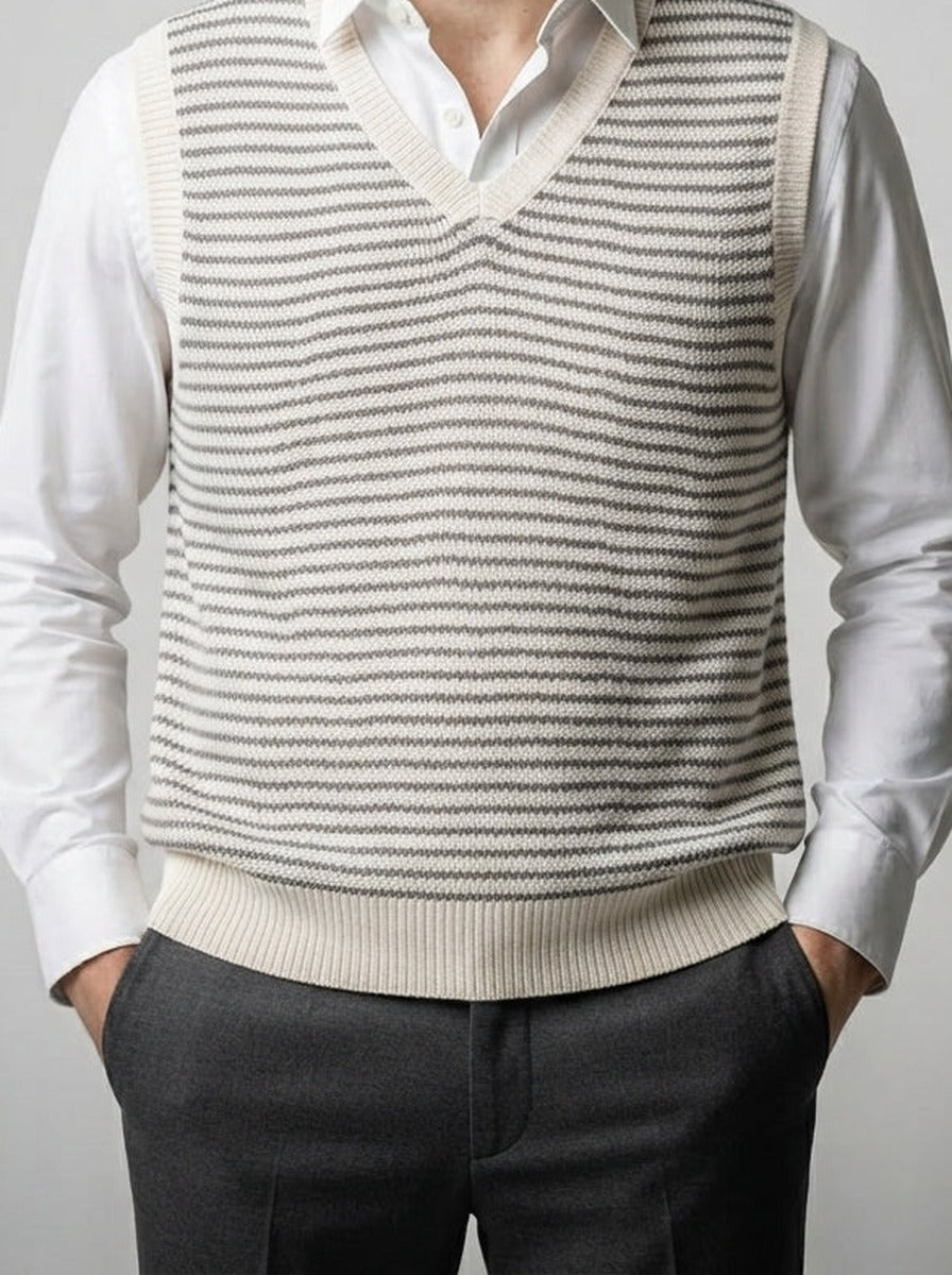 Men's Autumn Striped Knit Sleeveless Jumper Vest with V-Neck