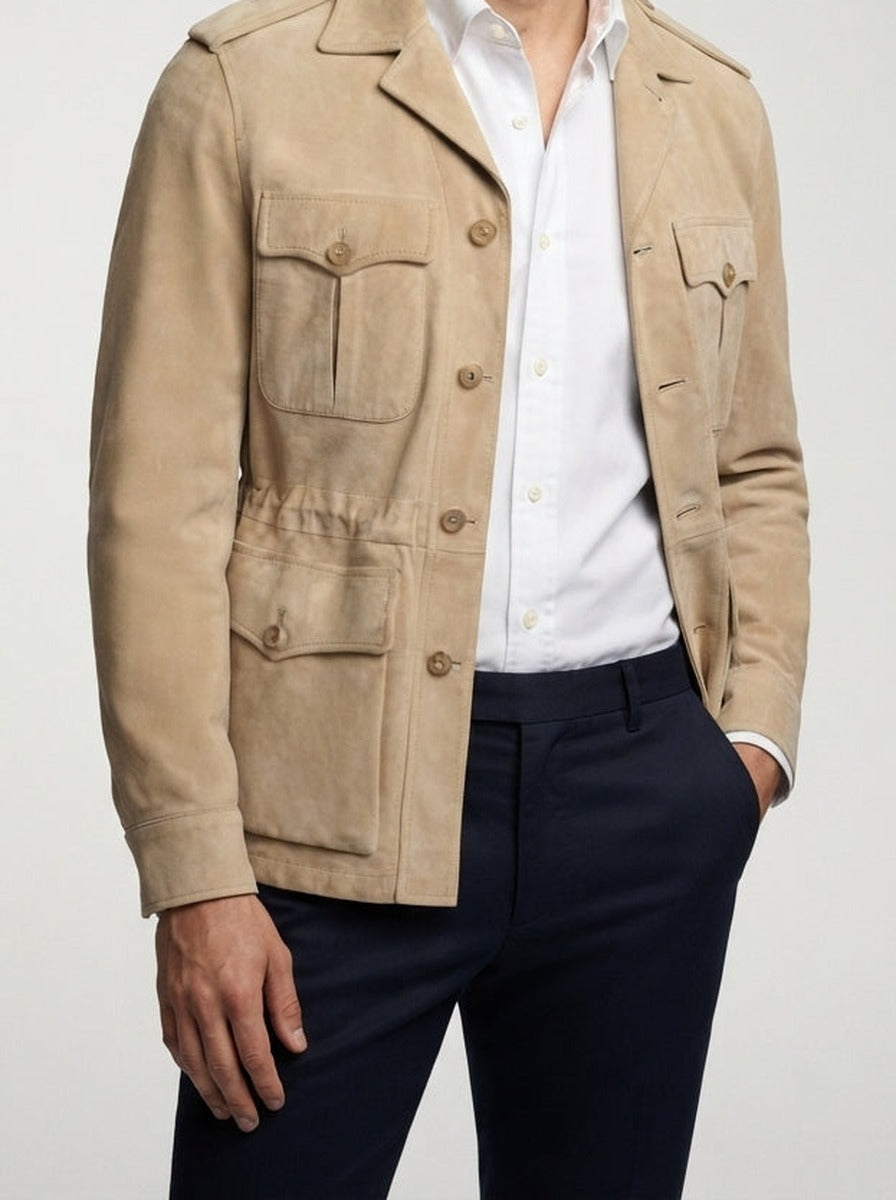 Men's Autumn Suede Field Jacket with Four Pockets
