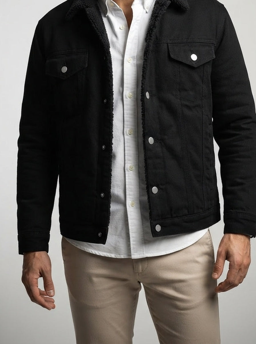 Men's Autumn Twill Trucker Jacket with Borg Collar
