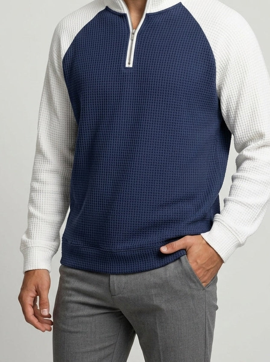 Men's Autumn Waffle Knit Colour Block Half Zip Jumper