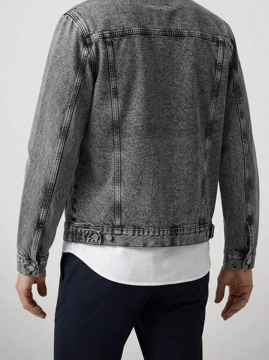 Men's Autumn Washed Denim Trucker Jacket with Chest Pockets