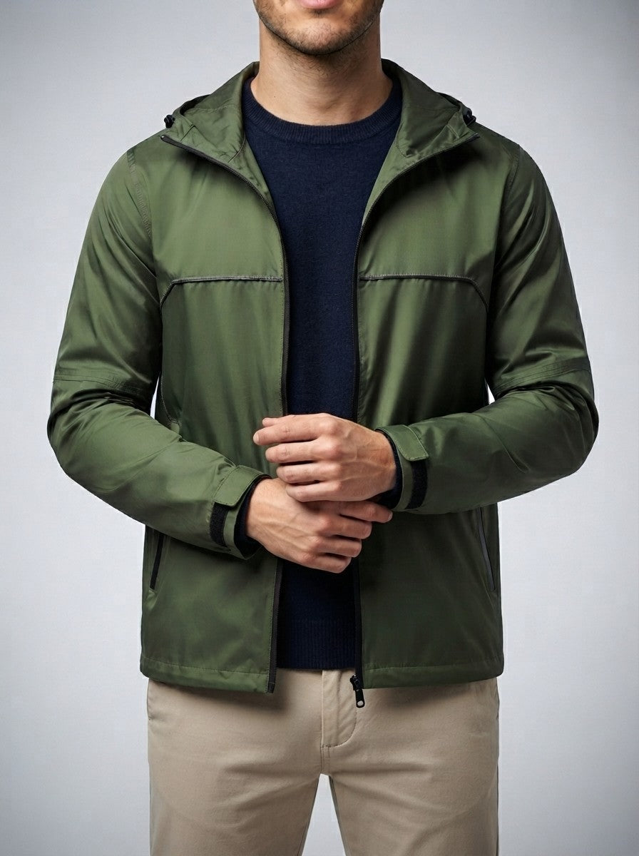 Men's Autumn Waterproof Hooded Rain Jacket with Packable Pouch