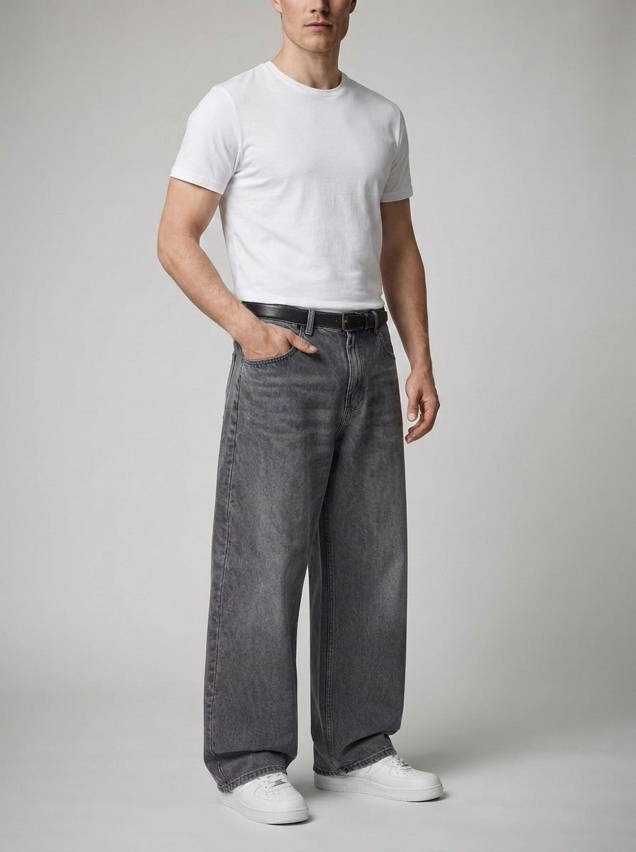 Men's Casual Baggy Wide Leg Denim Jeans with Belt Loop Waistband