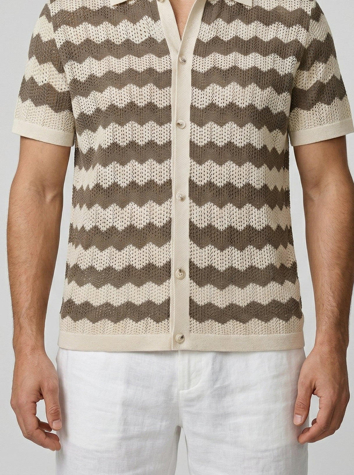 Men's Casual Crochet Knit Short Sleeve Shirt with Camp Collar