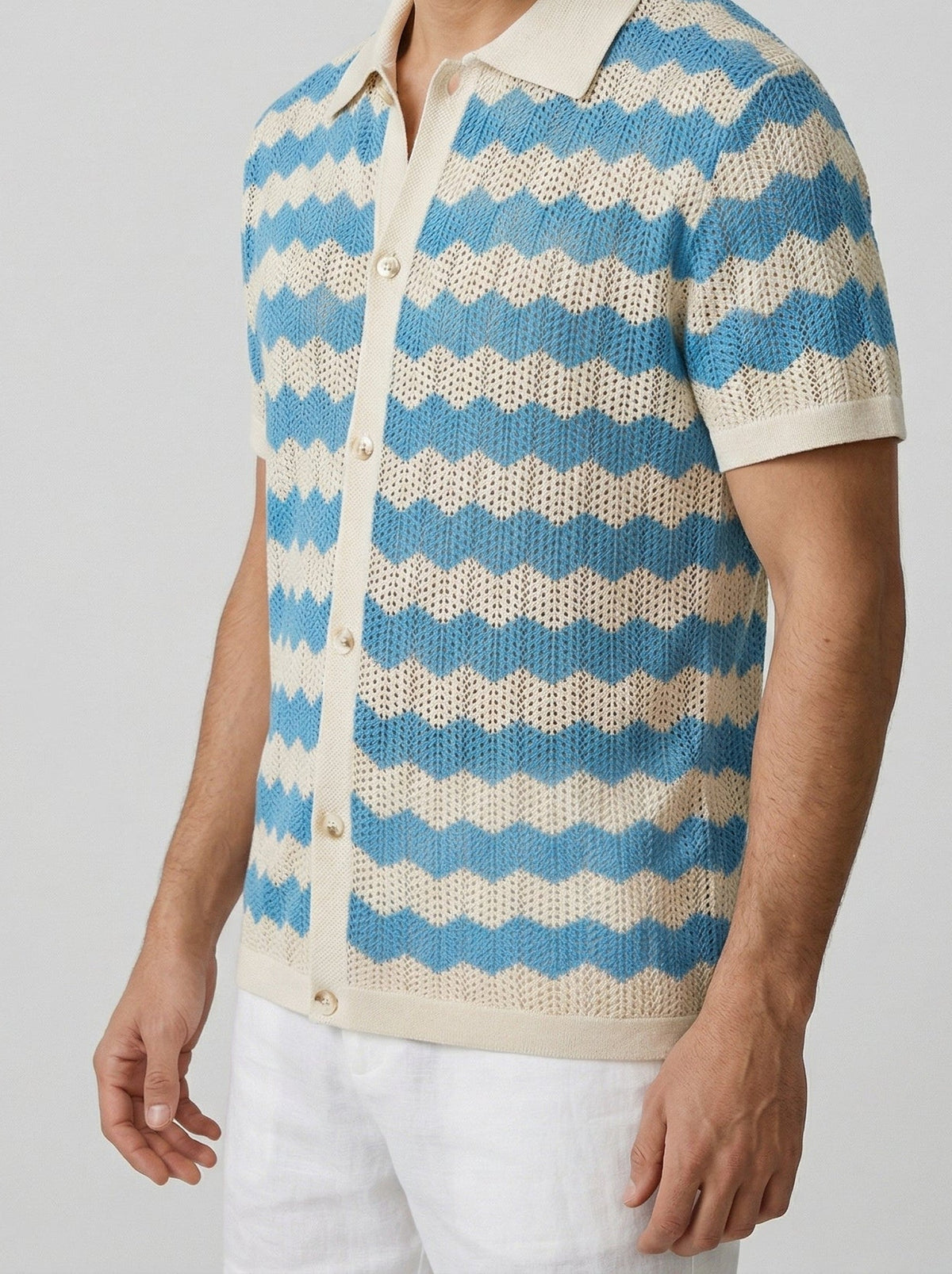 Men's Casual Crochet Knit Short Sleeve Shirt with Camp Collar