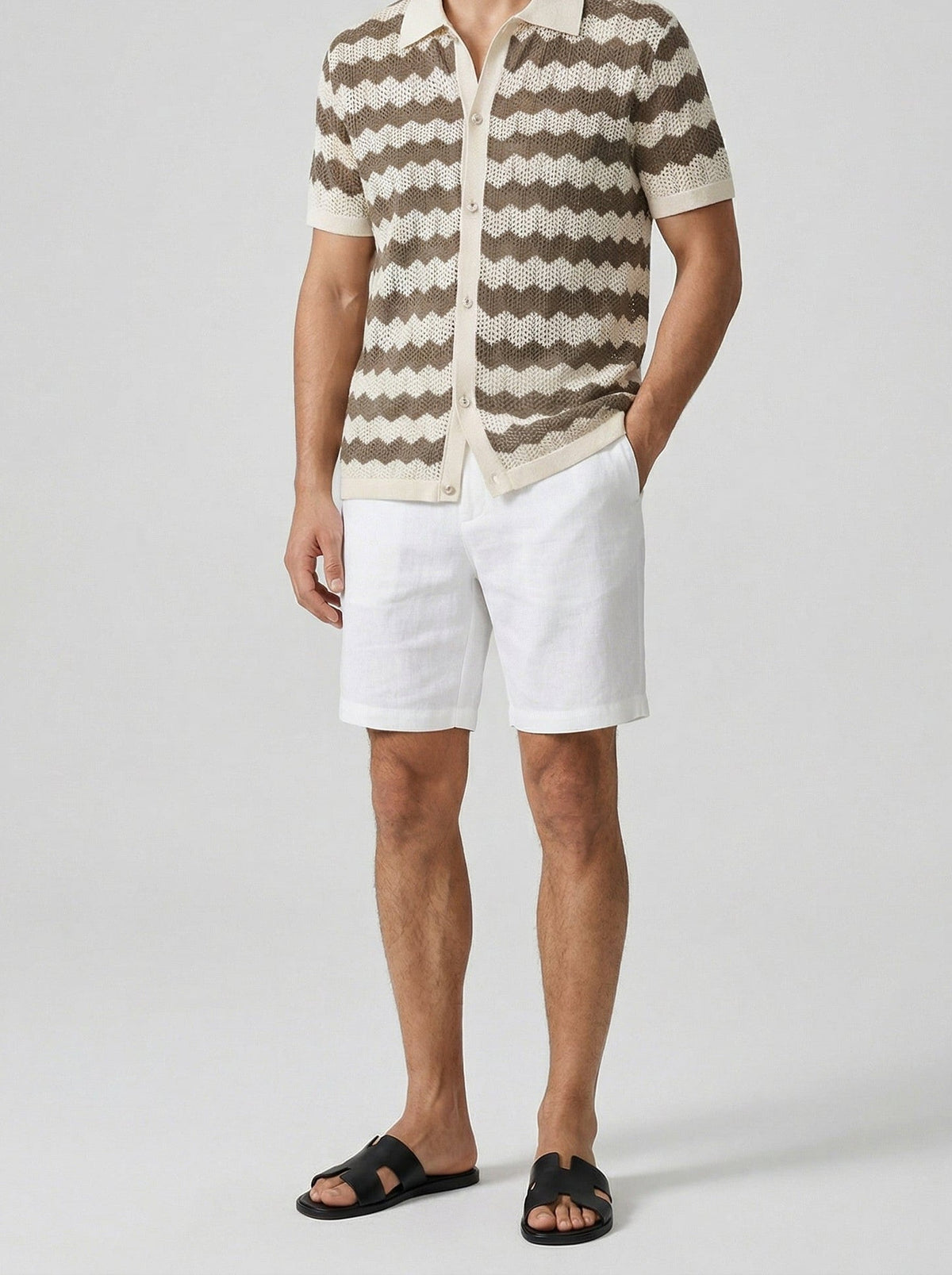 Men's Casual Crochet Knit Short Sleeve Shirt with Camp Collar