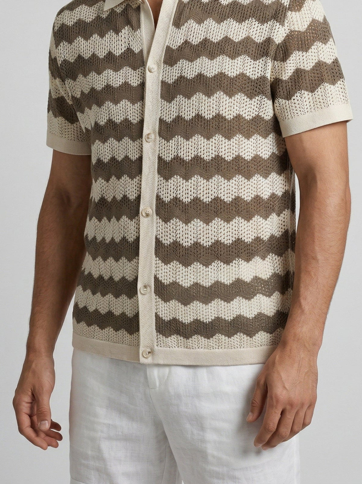 Men's Casual Crochet Knit Short Sleeve Shirt with Camp Collar