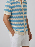 Men's Casual Crochet Knit Short Sleeve Shirt with Camp Collar