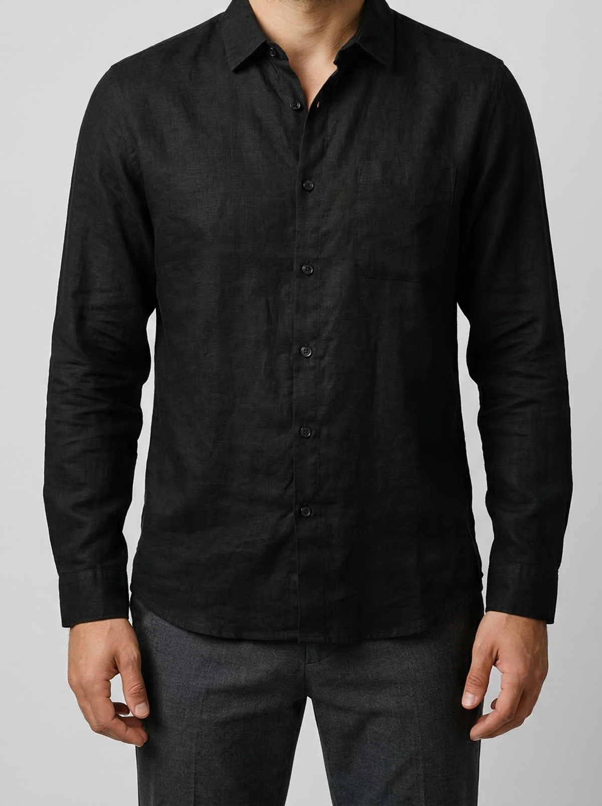 Men's Casual Linen Cotton Long Sleeve Shirt with Curved Hem