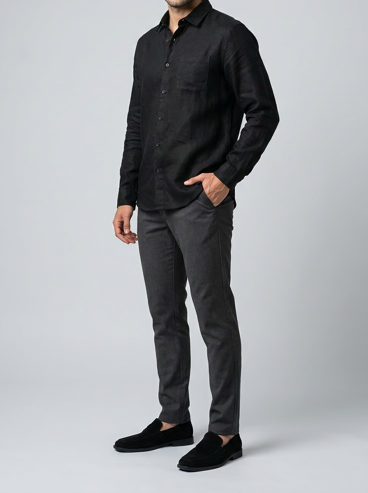 Men's Casual Linen Cotton Long Sleeve Shirt with Curved Hem