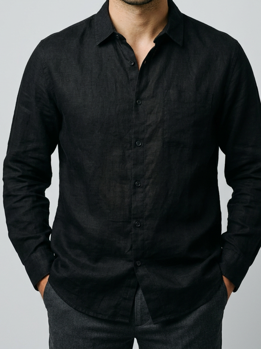 Men's Casual Linen Cotton Long Sleeve Shirt with Curved Hem