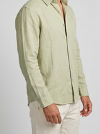 Men's Casual Linen Cotton Long Sleeve Shirt with Curved Hem