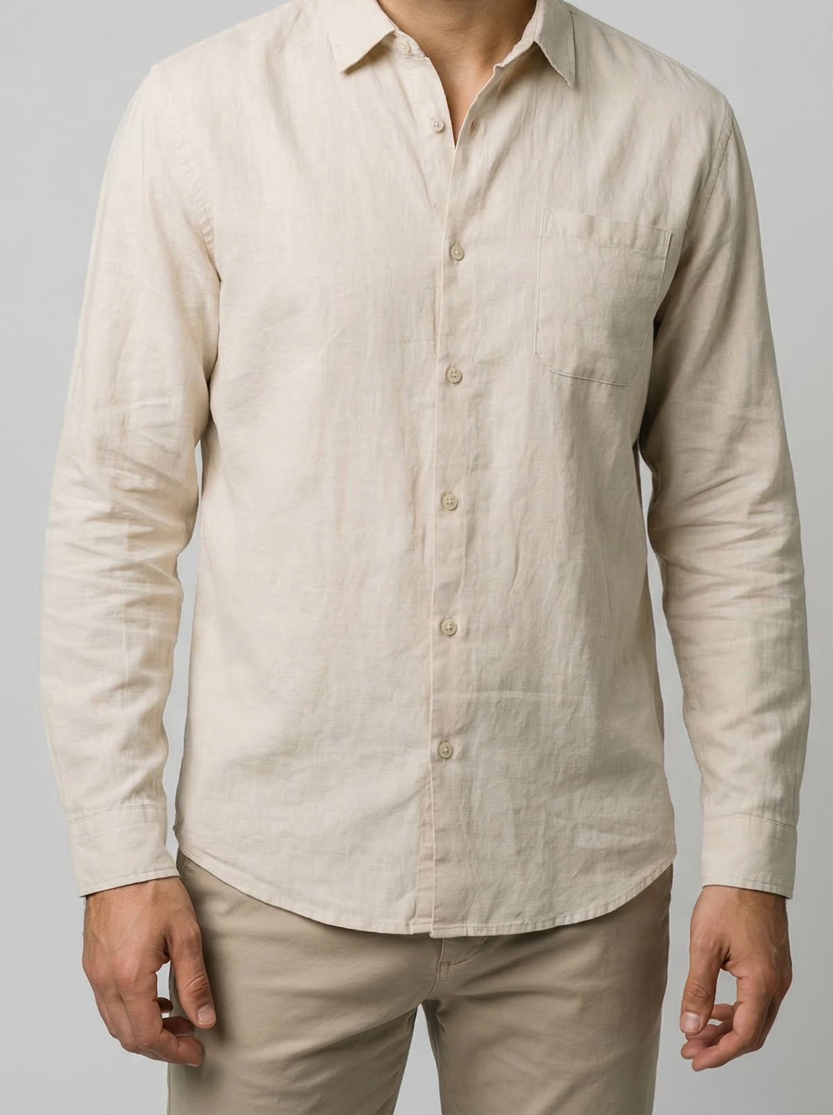 Men's Casual Linen Cotton Long Sleeve Shirt with Curved Hem
