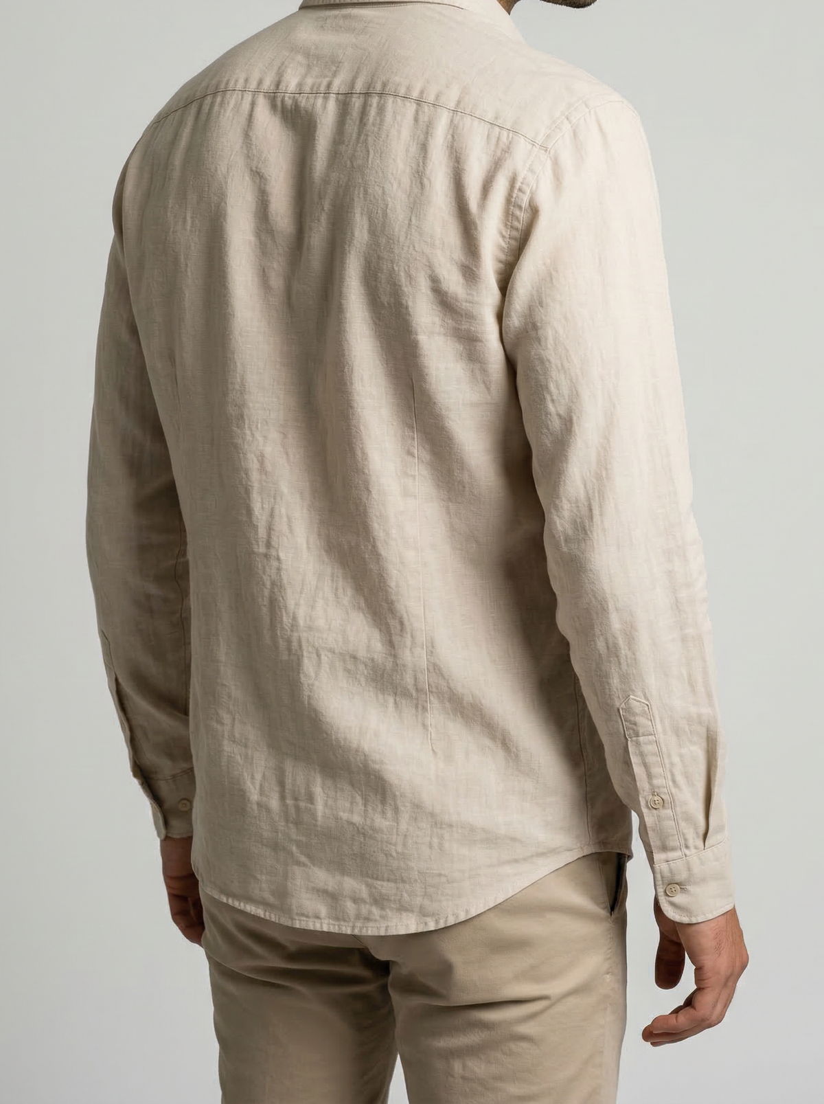 Men's Casual Linen Cotton Long Sleeve Shirt with Curved Hem