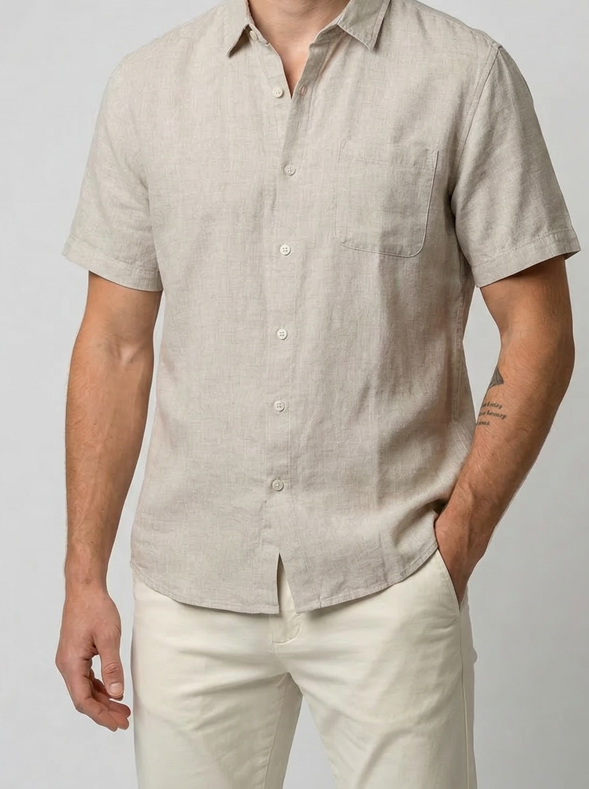 Men's Casual Linen Cotton Short Sleeve Shirt with Chest Pocket