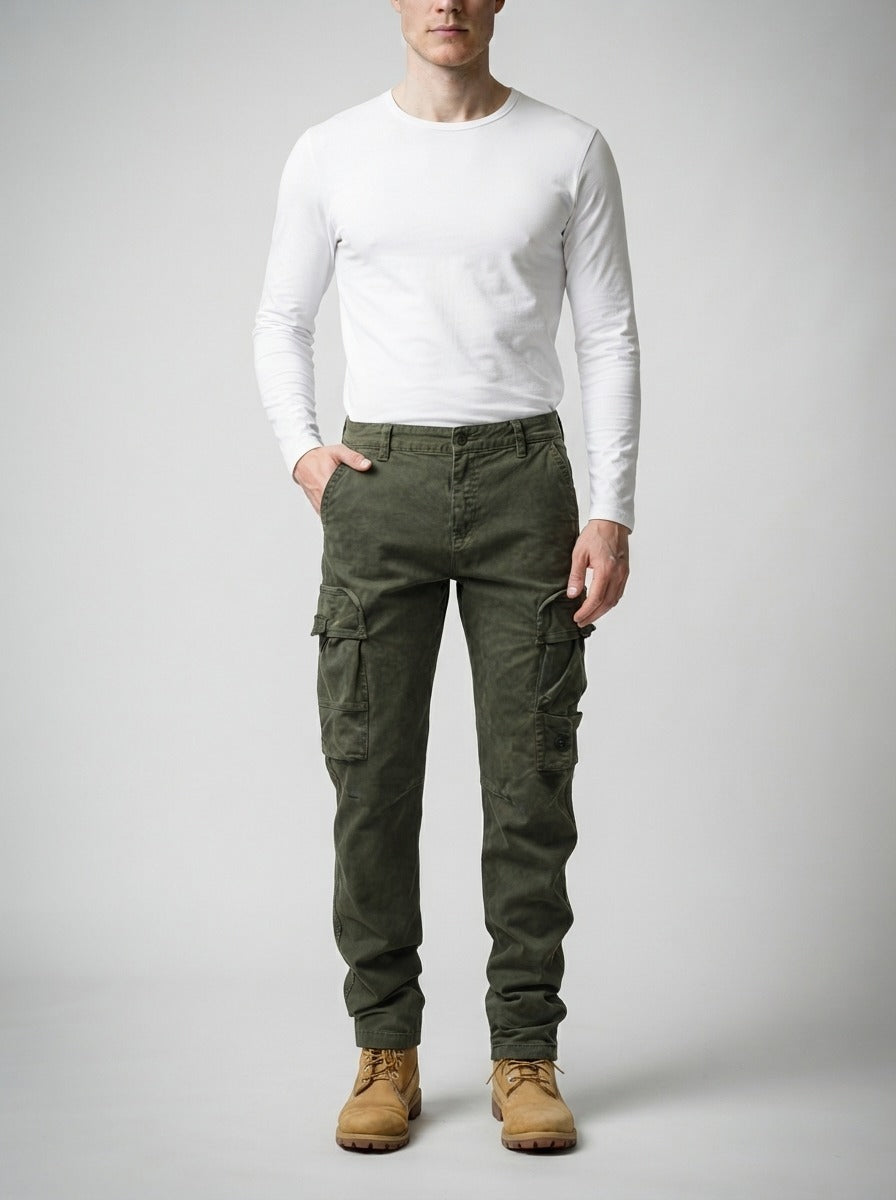 Men's Casual Loose Fit Cargo Trousers with Snap Button Pockets
