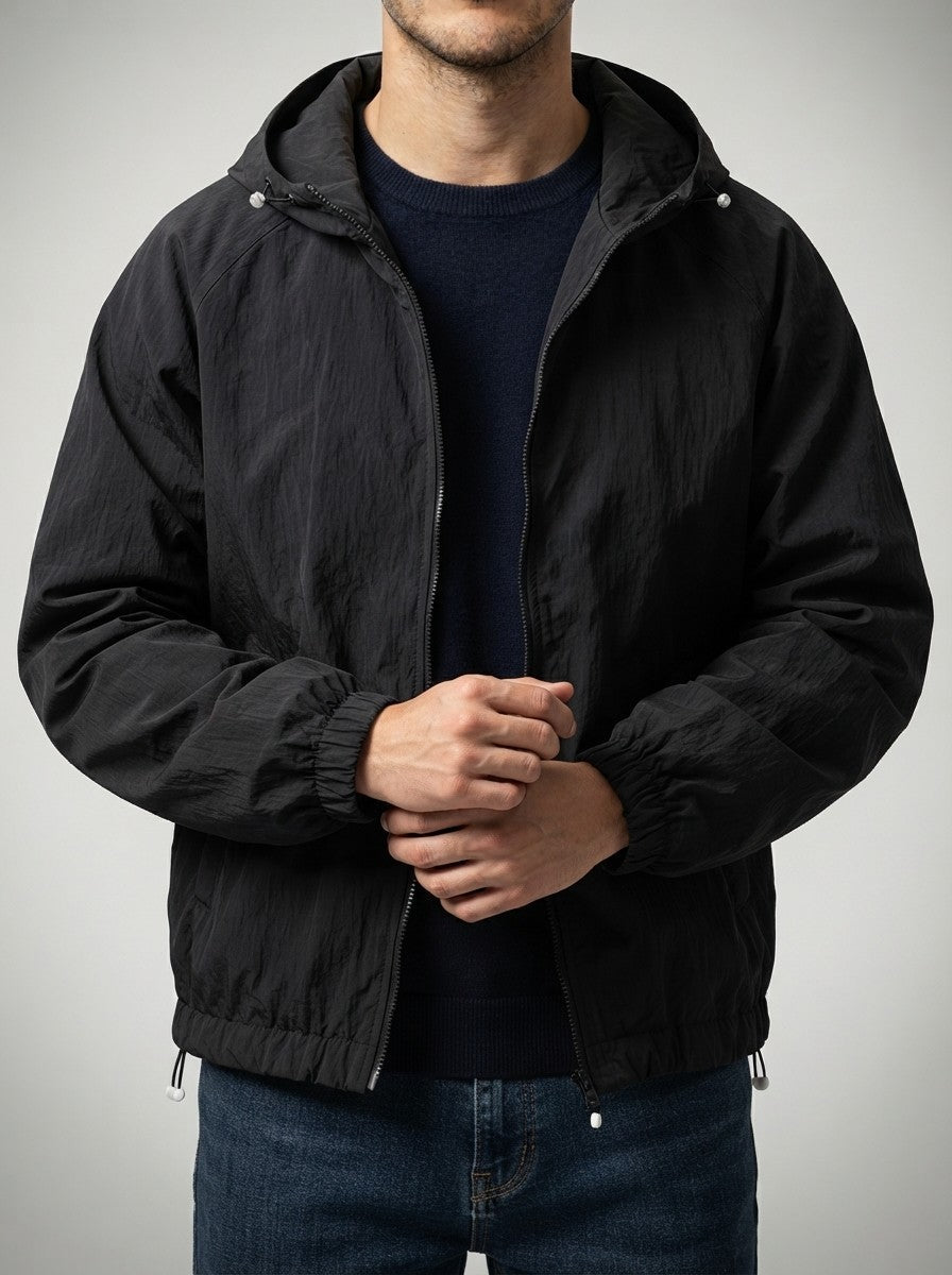Men's Casual Nylon Hooded Windbreaker with Drawcord Hem