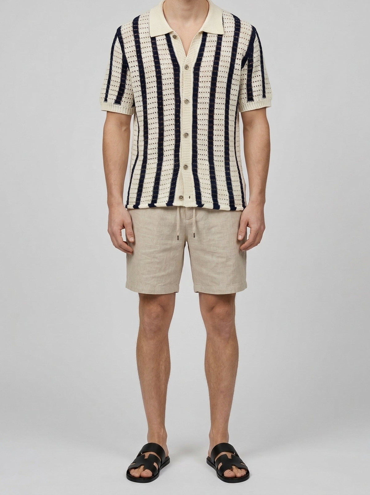 Men's Casual Open Knit Short Sleeve Shirt with Camp Collar
