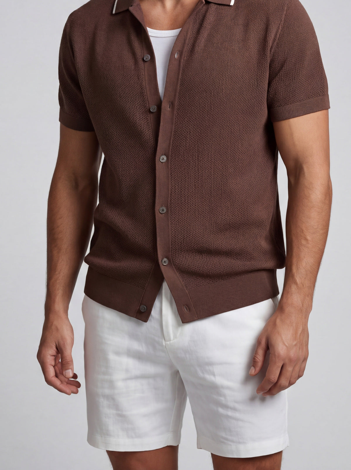 Men's Casual Open Mesh Knit Short Sleeve Shirt with Camp Collar