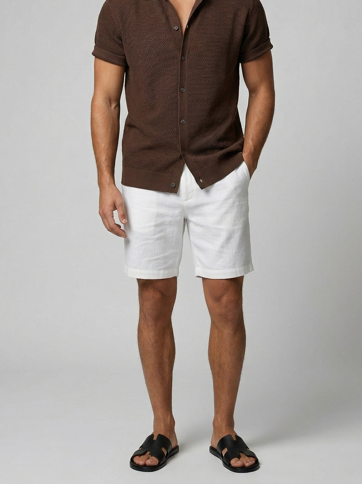 Men's Casual Open Mesh Knit Short Sleeve Shirt with Camp Collar