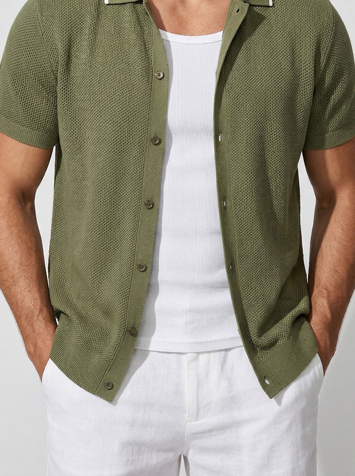 Men's Casual Open Mesh Knit Short Sleeve Shirt with Camp Collar
