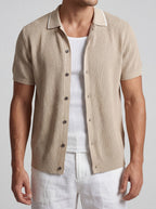 Men's Casual Open Mesh Knit Short Sleeve Shirt with Camp Collar