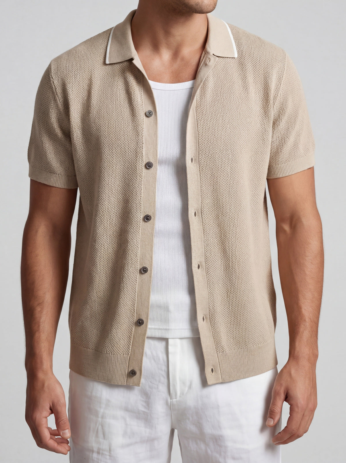 Men's Casual Open Mesh Knit Short Sleeve Shirt with Camp Collar