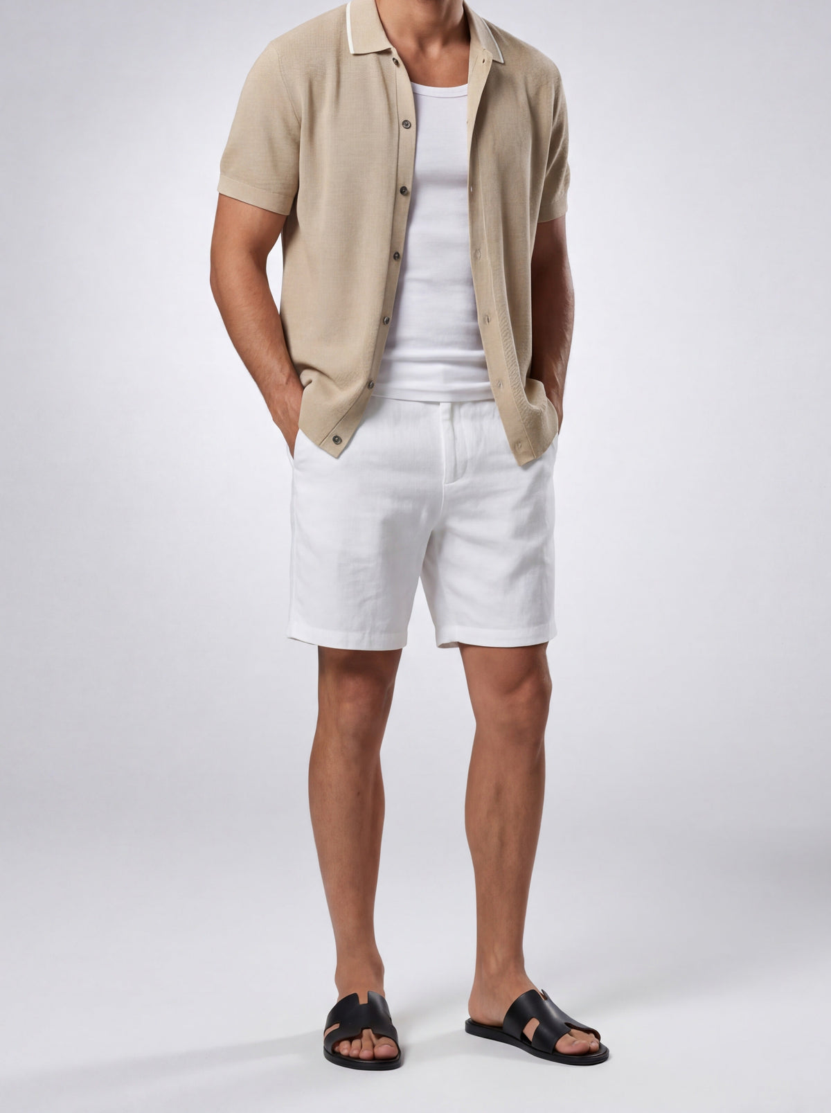 Men's Casual Open Mesh Knit Short Sleeve Shirt with Camp Collar