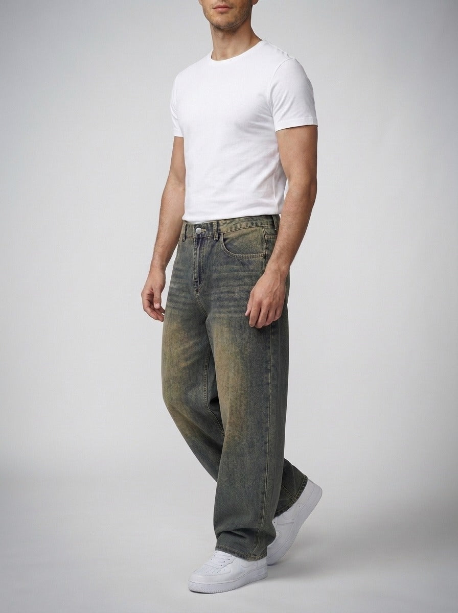 Men's Casual Oversized Wide Leg Denim Jeans with Coin Pocket Detail