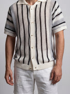 Men's Casual Short Sleeve Open Crochet Knit Shirt with Camp Collar