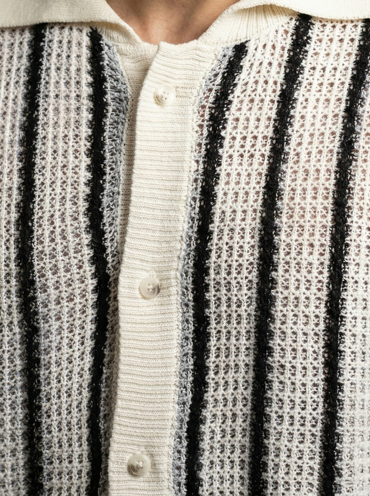 Men's Casual Short Sleeve Open Crochet Knit Shirt with Camp Collar