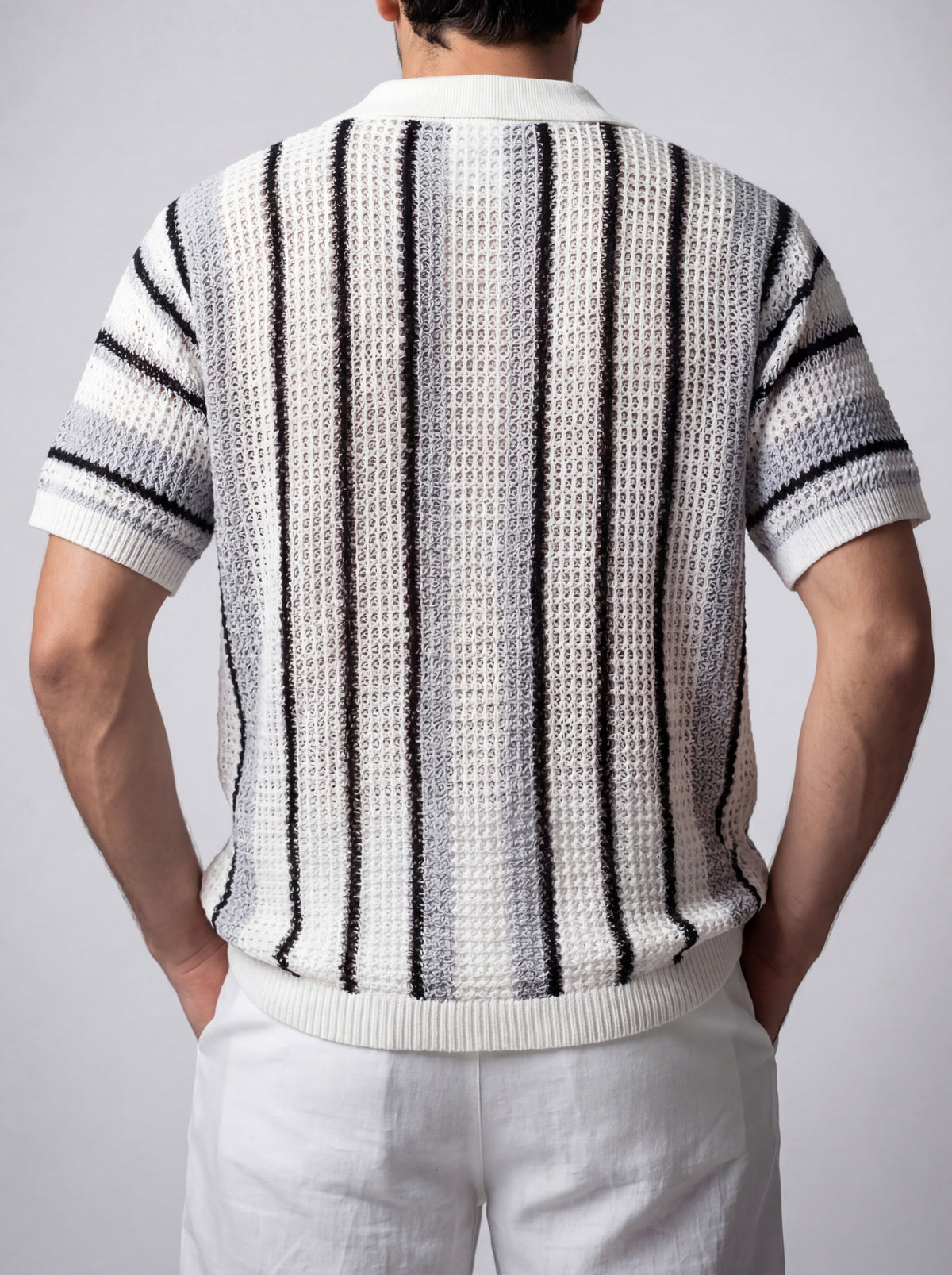 Men's Casual Short Sleeve Open Crochet Knit Shirt with Camp Collar