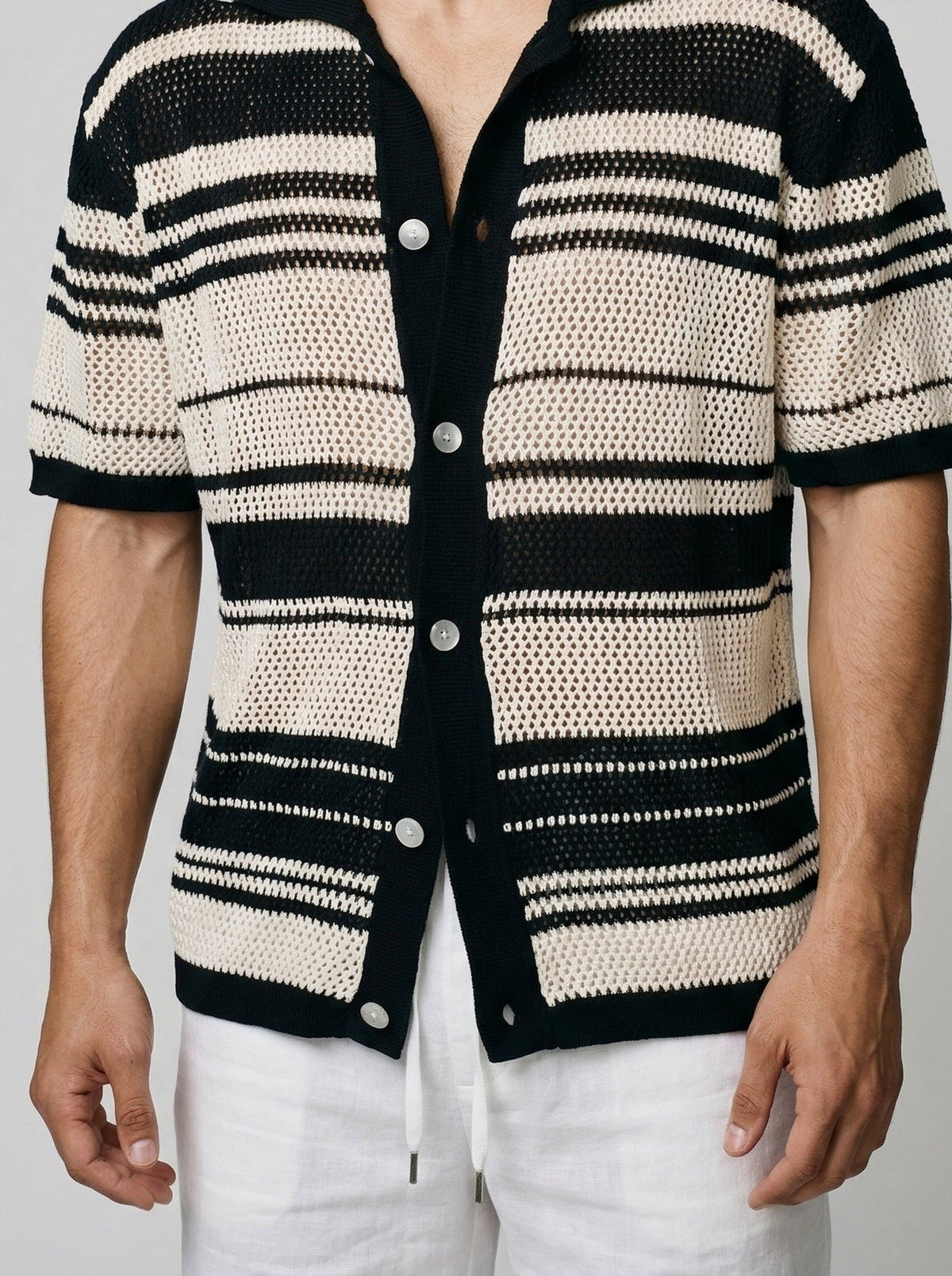 Men's Casual Striped Mesh Knit Short Sleeve Shirt with Camp Collar