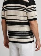 Men's Casual Striped Mesh Knit Short Sleeve Shirt with Camp Collar