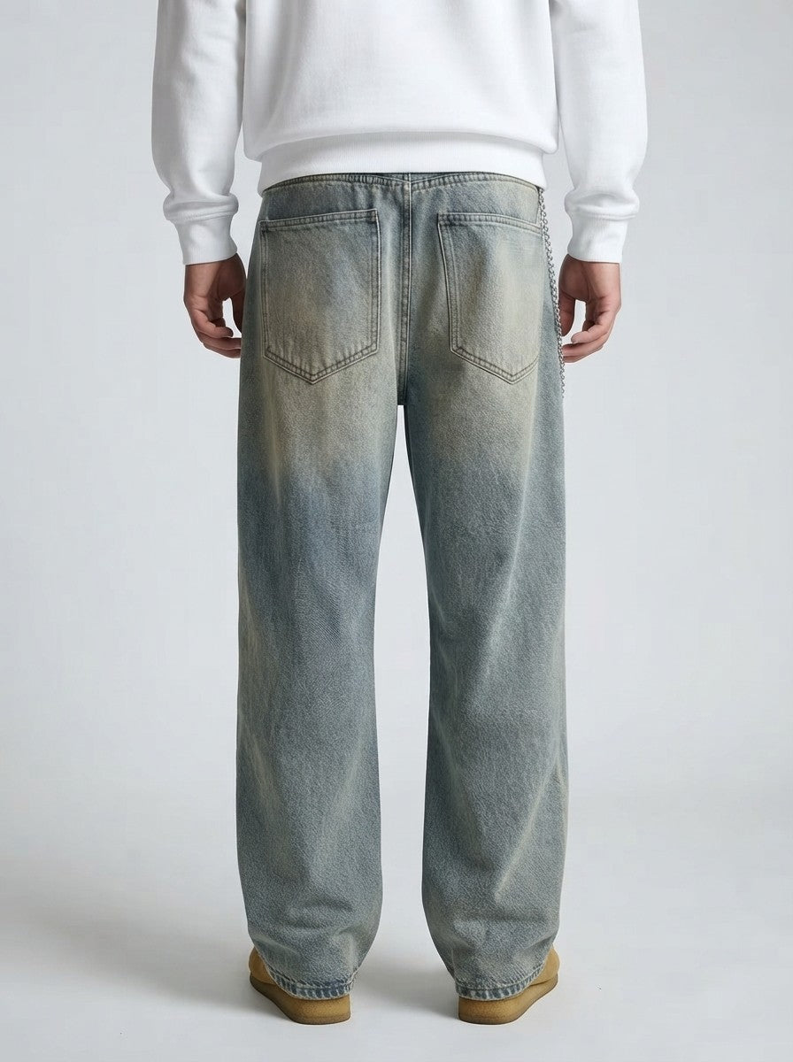 Men's Casual Wide Leg Denim Jeans with Chain Detail